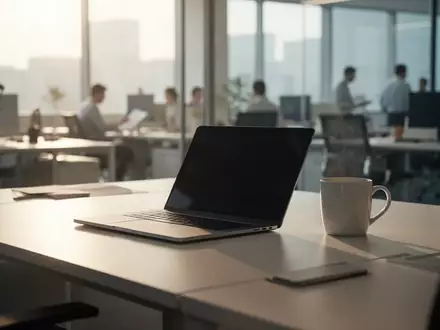 Ein leerer Arbeitsplatz in einem modernen Büro mit Laptop und Kaffeetasse bei natürlichem Tageslicht. - Foto: über boerse-global.de