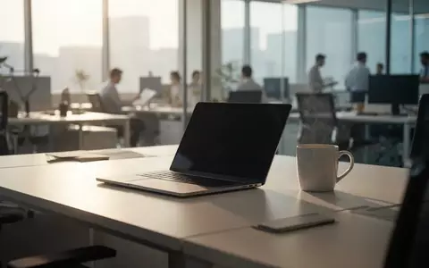 Ein leerer Arbeitsplatz in einem modernen Büro mit Laptop und Kaffeetasse bei natürlichem Tageslicht. - Foto: über boerse-global.de