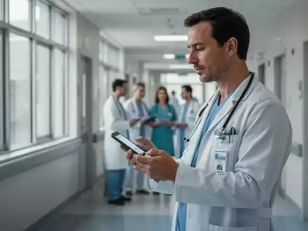 Ein Arzt hält ein Smartphone in einem modernen Krankenhausflur, während im Hintergrund medizinisches Personal arbeitet. - Foto: über boerse-global.de