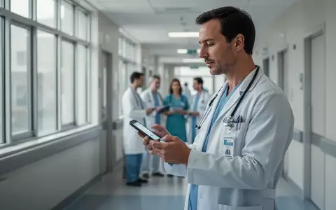 Ein Arzt hält ein Smartphone in einem modernen Krankenhausflur, während im Hintergrund medizinisches Personal arbeitet. - Foto: über boerse-global.de