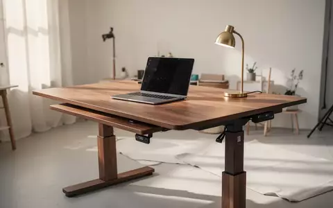 Ein moderner, höhenverstellbarer Schreibtisch in Vintage-Optik in einem hellen Homeoffice mit Laptop. - Foto: über boerse-global.de