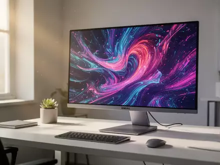 Ein moderner Schreibtisch mit einem Samsung-Monitor in einem hellen, sonnendurchfluteten Home-Office. - Foto: über boerse-global.de
