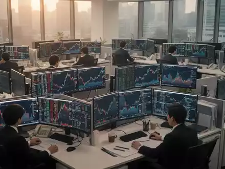 Blick auf moderne Börsenarbeitsplätze in einem Tokioter Bürogebäude mit Datenanalysen auf den Bildschirmen. - Foto: über boerse-global.de