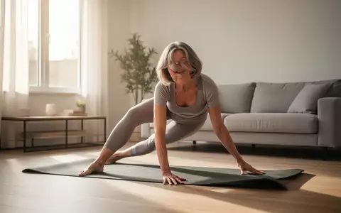 Eine Person führt in einem hellen Wohnzimmer achtsame gymnastische Dehnübungen auf einer Yogamatte zur Gesundheitsvorsorge aus. - Foto: über boerse-global.de