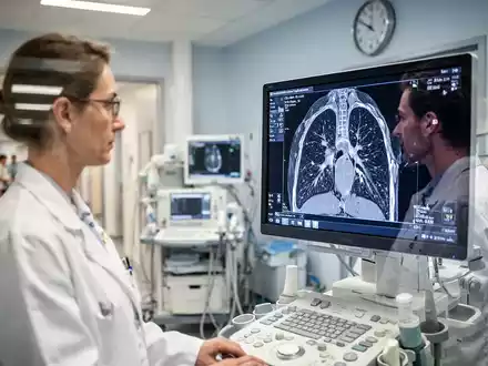 Medizinisches Fachpersonal betrachtet hochauflösende CT-Aufnahmen der Lunge an einem Monitor in einer modernen Praxis. - Foto: über boerse-global.de