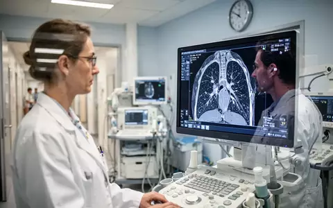 Medizinisches Fachpersonal betrachtet hochauflösende CT-Aufnahmen der Lunge an einem Monitor in einer modernen Praxis. - Foto: über boerse-global.de
