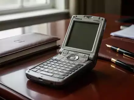Ein aufgeklapptes Nokia 9000 Communicator Mobiltelefon liegt auf einem Schreibtisch neben einem Notizbuch und einem Füller. - Foto: über boerse-global.de