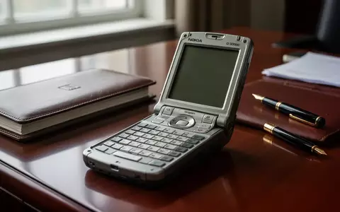 Ein aufgeklapptes Nokia 9000 Communicator Mobiltelefon liegt auf einem Schreibtisch neben einem Notizbuch und einem Füller. - Foto: über boerse-global.de