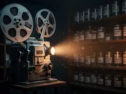 Ein alter 35mm-Filmprojektor in einem dunklen Vorführraum mit leuchtendem Lichtkegel und Filmrollen im Hintergrund. - Foto: über boerse-global.de
