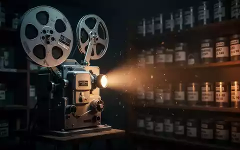 Ein alter 35mm-Filmprojektor in einem dunklen Vorführraum mit leuchtendem Lichtkegel und Filmrollen im Hintergrund. - Foto: über boerse-global.de