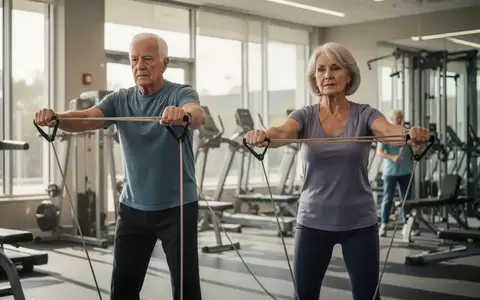 Ein aktives Seniorenpaar beim Krafttraining mit Widerstandsbändern in einem hellen Fitnessraum. - Foto: über boerse-global.de