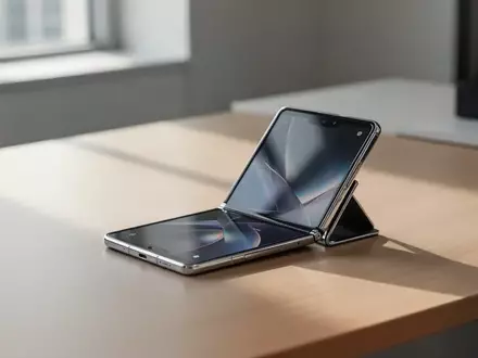 Ein teilweise aufgeklapptes faltbares Smartphone liegt auf einem modernen Schreibtisch in hellem Tageslicht. - Foto: über boerse-global.de
