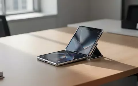 Ein teilweise aufgeklapptes faltbares Smartphone liegt auf einem modernen Schreibtisch in hellem Tageslicht. - Foto: über boerse-global.de
