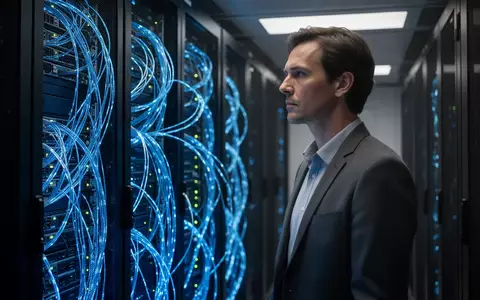 Eine Person betrachtet nachdenklich eine moderne Serveranlage in einem dunklen, technologisch fortgeschrittenen Rechenzentrum. - Foto: über boerse-global.de