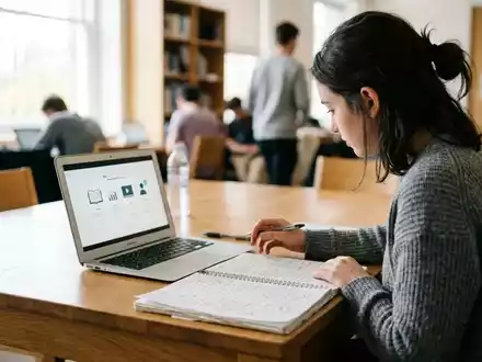 Ein moderner Schreibtisch mit Laptop und Notizbuch in einem hellen, aufgeräumten Klassenzimmer. - Foto: über boerse-global.de