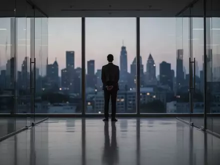 Ein einsamer Manager blickt in einem modernen, minimalistischen Büro in der Dämmerung aus einem großen Fenster. - Foto: über boerse-global.de