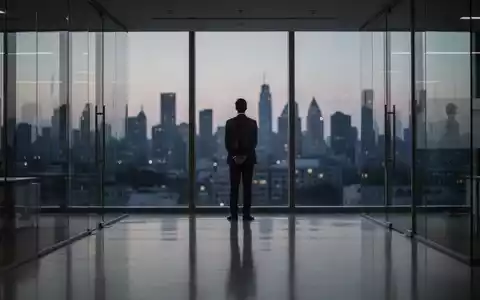 Ein einsamer Manager blickt in einem modernen, minimalistischen Büro in der Dämmerung aus einem großen Fenster. - Foto: über boerse-global.de