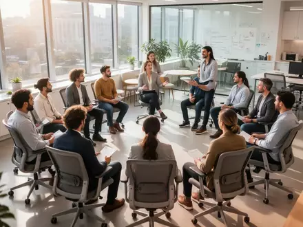Mitarbeiter in einem hellen Büro bei einem geführten Workshop zur betrieblichen Gesundheitsförderung. - Foto: über boerse-global.de