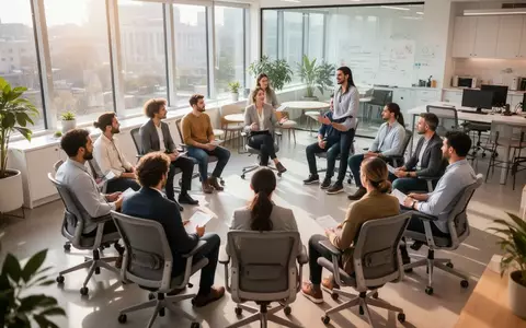 Mitarbeiter in einem hellen Büro bei einem geführten Workshop zur betrieblichen Gesundheitsförderung. - Foto: über boerse-global.de