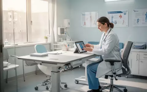 Ein medizinischer Experte nutzt ein Tablet an einem modernen, höhenverstellbaren Schreibtisch in einer hellen Klinikpraxis. - Foto: über boerse-global.de