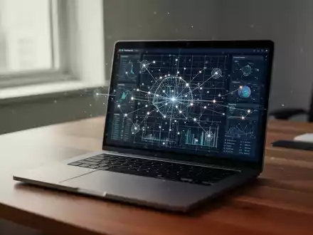 Ein moderner Arbeitsplatz mit einem Laptop, auf dem eine komplexe Datenvisualisierung mit KI-Unterstützung zu sehen ist. - Foto: über boerse-global.de