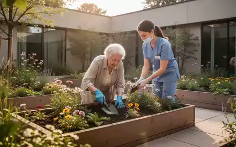 Eine ältere Person gärtnert gemeinsam mit einer Pflegekraft in einem hellen, freundlichen Garten einer Wohngemeinschaft. - Foto: über boerse-global.de