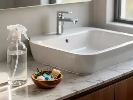 Ein minimalistisches Badezimmer mit einem Glas-Sprühflakon und natürlichen Reinigungsmitteln auf einem Marmorwaschtisch. - Foto: über boerse-global.de