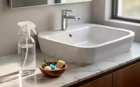 Ein minimalistisches Badezimmer mit einem Glas-Sprühflakon und natürlichen Reinigungsmitteln auf einem Marmorwaschtisch. - Foto: über boerse-global.de