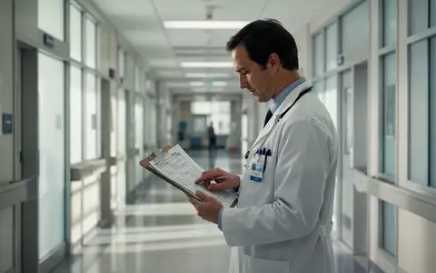 Ein Arzt in einem weißen Kittel betrachtet konzentriert Patientenunterlagen in einem modernen Krankenhausflur. - Foto: über boerse-global.de