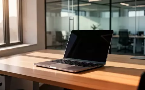 Ein moderner, minimalistischer Arbeitsplatz mit einem aufgeklappten Laptop auf einem Schreibtisch in einem hellen Büro. - Foto: über boerse-global.de