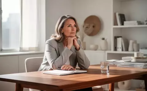 Eine Frau mittleren Alters sitzt nachdenklich an einem hellen, modernen Schreibtisch in einer ruhigen Umgebung. - Foto: über boerse-global.de