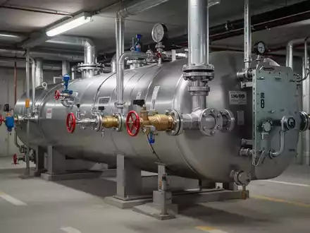 Ein professionell gesicherter Heizöltank in einem Kellerraum zur Darstellung von Hochwasserschutzmaßnahmen. - Foto: über boerse-global.de