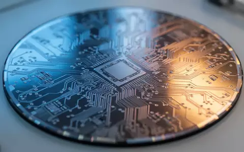 Ein detailliertes Foto eines Silizium-Wafers in einer sterilen Produktionsumgebung mit sichtbaren Mikrochip-Strukturen. - Foto: über boerse-global.de