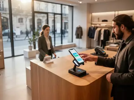 A customer using a smartphone for a digital payment in a modern, minimalist European retail store. - Foto: über boerse-global.de