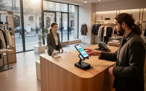 A customer using a smartphone for a digital payment in a modern, minimalist European retail store. - Foto: über boerse-global.de