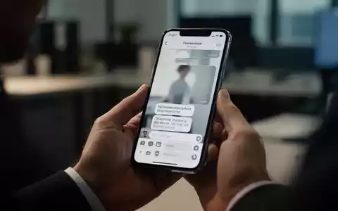 Nahaufnahme einer Hand, die ein Smartphone hält, auf dem eine Chat-App in einer Büroumgebung zu sehen ist. - Foto: über boerse-global.de