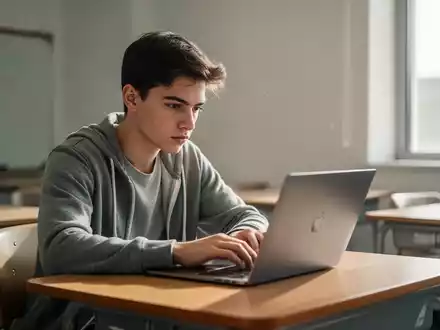 Ein Schüler arbeitet konzentriert an einem Laptop in einem hellen Klassenzimmer. - Foto: über boerse-global.de