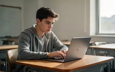 Ein Schüler arbeitet konzentriert an einem Laptop in einem hellen Klassenzimmer. - Foto: über boerse-global.de