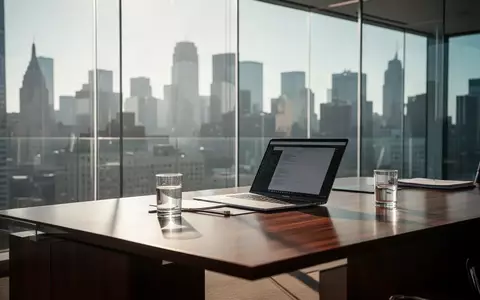 Ein moderner, minimalistischer Arbeitsplatz in einem hellen Büro mit Blick auf eine Skyline bei Tageslicht. - Foto: über boerse-global.de