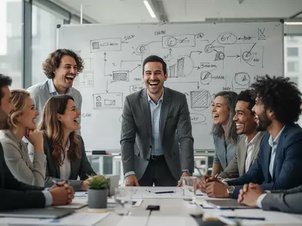 Ein lächelndes, diverses Team in einem modernen Büro bei einer gemeinsamen Besprechung an einem Whiteboard. - Foto: über boerse-global.de