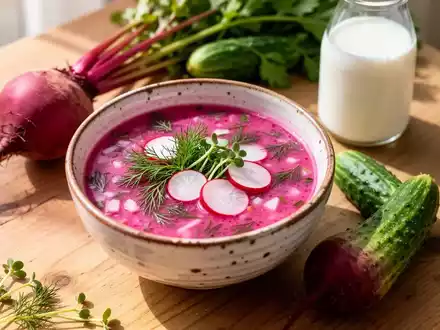 Eine Schale mit pinkfarbener Rote-Bete-Kaltschale, garniert mit frischem Dill und Radieschen auf einem Holztisch. - Foto: über boerse-global.de
