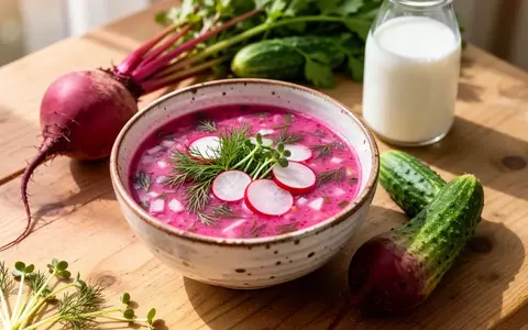 Eine Schale mit pinkfarbener Rote-Bete-Kaltschale, garniert mit frischem Dill und Radieschen auf einem Holztisch. - Foto: über boerse-global.de