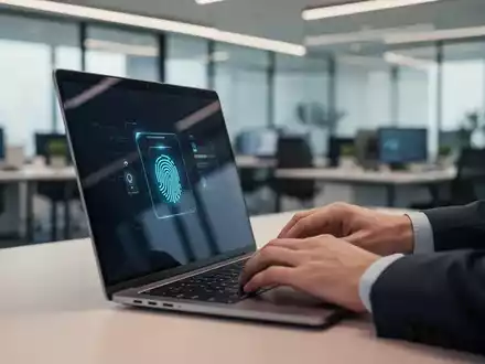 Eine Person nutzt ein modernes biometrisches Authentifizierungsverfahren an einem Laptop in einem Büro. - Foto: über boerse-global.de