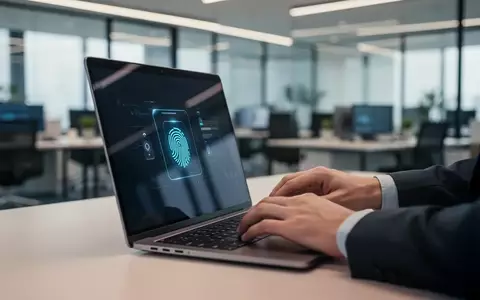 Eine Person nutzt ein modernes biometrisches Authentifizierungsverfahren an einem Laptop in einem Büro. - Foto: über boerse-global.de