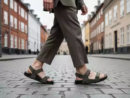 Nahaufnahme einer Person in skandinavischer Minimal-Mode mit funktionalen Sandalen auf einer Straße in Kopenhagen. - Foto: über boerse-global.de