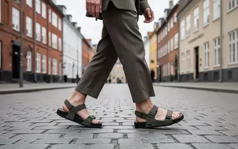 Nahaufnahme einer Person in skandinavischer Minimal-Mode mit funktionalen Sandalen auf einer Straße in Kopenhagen. - Foto: über boerse-global.de