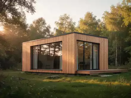 Ein modernes Tiny House in einer naturnahen Umgebung bei warmem Licht. - Foto: über boerse-global.de