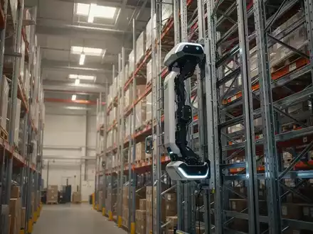 Ein autonomer Kletterroboter bewegt sich in einem modernen Logistikzentrum vertikal an einem Hochregal entlang. - Foto: über boerse-global.de