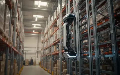 Ein autonomer Kletterroboter bewegt sich in einem modernen Logistikzentrum vertikal an einem Hochregal entlang. - Foto: über boerse-global.de