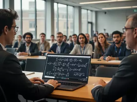 Wissenschaftler diskutieren in einem modernen Hörsaal über mathematische KI-Modelle auf einem Laptop. - Foto: über boerse-global.de